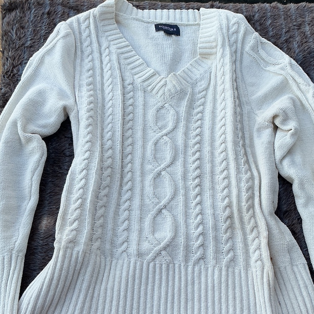 Sonoma Cream Cable-Knit V-Neck Sweater